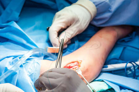 Group of orthopedic surgeons performing surgery on a patient arm