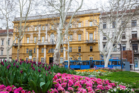 Cold early spring day at the beautiful Zrinjevac park the oldest of the lower town in Zagreb capital of Croatiaのeditorial素材