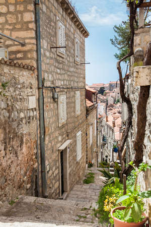 The beautiful steep alleys at the walled old town of Dubrovnikの写真素材