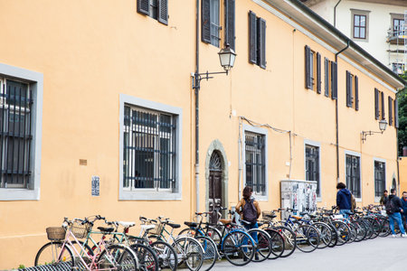 Bicycle parking at a Pisa city streetのeditorial素材