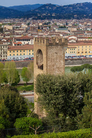 Tower of San Niccolo and view of the beautiful city of Florence from Michelangelo Squareの写真素材