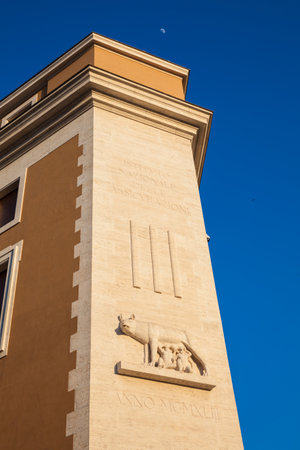 Beautiful building at a corner of the Road of the Conciliation in the Vatican City with a high relief depicting the legend of Romulus and Remusのeditorial素材