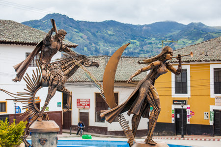 Monument honoring the indigenous Muisca at the central square of Turmeque city in Colombiaのeditorial素材