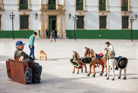 Senior male traditional photographer at Bolivar Square in Tunja downtownのeditorial素材