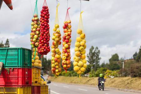 Traditional sale of fruits on the roads of the department of BoyacÃ¡ in Colombiaの写真素材