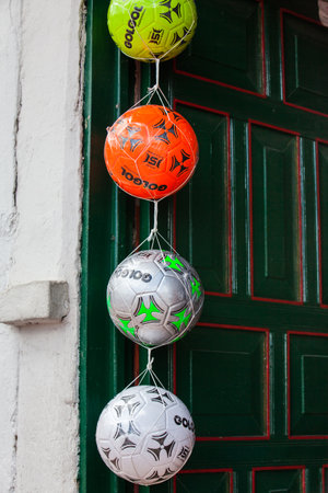 Traditional factories and stores of soccer balls at the beautiful small town of Mongui in Colombiaのeditorial素材