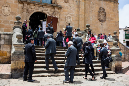 Musicians and the people who were participating in the procession of the Assumption of the Virgin arriving at the Basilica of Our Lady of Monguiのeditorial素材