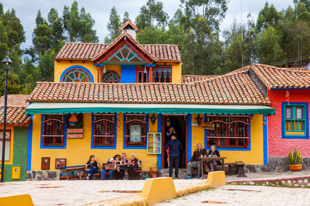 Tourists visiting the beautiful touristic place called Pueblito Boyacense located in Duitamaのeditorial素材