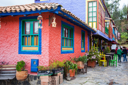 Tourists visiting the beautiful touristic place called Pueblito Boyacense located in Duitamaのeditorial素材