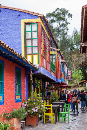 Tourists visiting the beautiful touristic place called Pueblito Boyacense located in Duitamaのeditorial素材