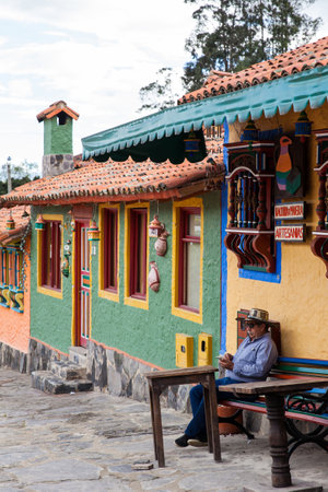Tourists visiting the beautiful touristic place called Pueblito Boyacense located in Duitamaのeditorial素材