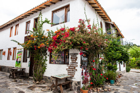 Beautiful facades of the houses at the touristic place called Pueblito Boyacense located in Duitamaのeditorial素材