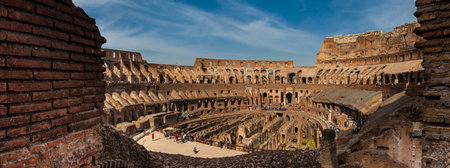 Panorama of the interior of the Roman Colosseum showing the arena and the hypogeum in a beautiful sunny dayのeditorial素材
