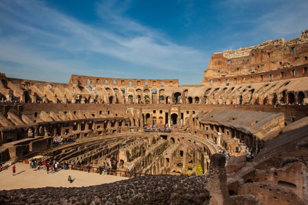 View of the interior of the Roman Colosseum showing the arena and the hypogeum in a beautiful sunny dayのeditorial素材