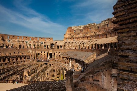 View of the interior of the Roman Colosseum showing the arena and the hypogeum in a beautiful sunny dayのeditorial素材