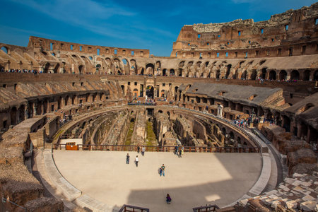 View of the interior of the Roman Colosseum showing the arena and the hypogeum in a beautiful sunny dayのeditorial素材