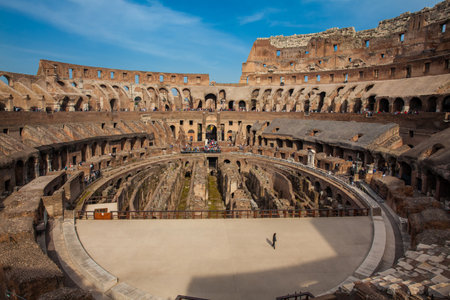 View of the interior of the Roman Colosseum showing the arena and the hypogeum in a beautiful sunny dayのeditorial素材