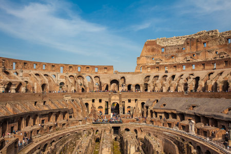 View of the seating areas and the hypogeum of the ancient Colosseum in Romeのeditorial素材