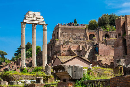 Remains of the Temple of Beaver and Pollux and the Basilica Julia at the Roman Forum in Romeのeditorial素材