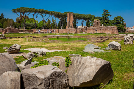 Peristyle with octagonal island at the Flavian Palace also known as the Domus Flavia on the Palatine Hill in Romeのeditorial素材