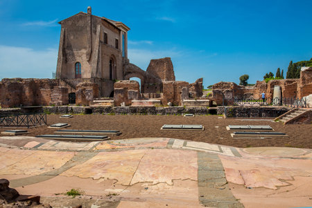 Ruins of a beautiful decorated floor at the Flavian Palace also known as the Domus Flavia on the Palatine Hill in Romeのeditorial素材
