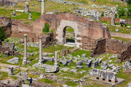 Ruins of the entrance to the Basilica Aemilia at the Roman Forum in Romeの写真素材