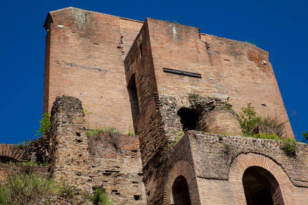 Ruins of an antique monumental fountain called Trofei di Mario built in 226 AD and  located at Piazza Vittorio Emanuele II in Romeの写真素材