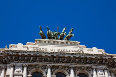 Detail of the Palace of Justice the seat of the Supreme Court of Cassation and the Judicial Public Library located in the Prati district of Rome built between 1888 and 1910のeditorial素材