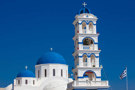 The Church of Holy Cross in the central square of Perissa on Santorini Islandの写真素材
