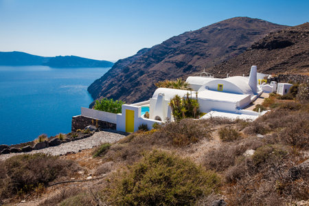 SANTORINI, GREECE - APRIL, 2018: The Architect Villas Santorini located next to the walking path number nine between Fira and Oiaのeditorial素材