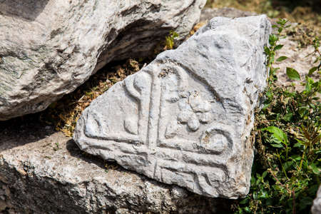 Detail of the carvings at the ancient ruins on the Roman Agora located to the north of the Acropolis in Athensの写真素材