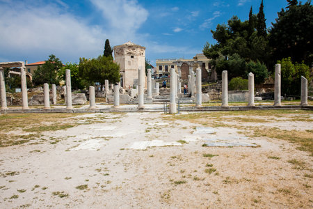 ATHENS, GREECE - APRIL, 2018: Tourists visiting the ancient ruins at the Roman Agora located to the north of the Acropolis in Athensのeditorial素材