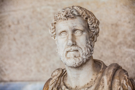 ATHENS, GREECE - APRIL, 2018: Portrait bust of the emperor Antoninus Pius at the Stoa of Attalos in...