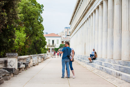 ATHENS, GREECE - APRIL, 2018: Tourists at  the Stoa of Attalos in Athensのeditorial素材