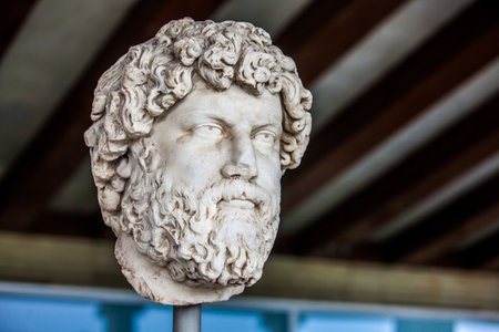 ATHENS, GREECE - APRIL, 2018: Portrait head of Ailius Verus at the Stoa of Attalos in Athensのeditorial素材