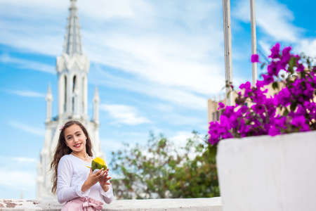 Beautiful young girl on the Ortiz Bridge eating a mango in front of the famous gothic church of La Ermita built on 1602 in the city of Cali in Colombiaの写真素材