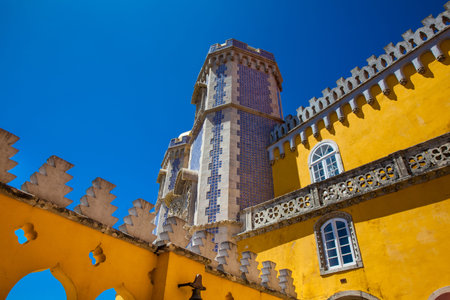 SINTRA, PORTUGAL - MAY, 2018: Detail of the architecture of the Pena Palace a Romanticist castle located in Sao Pedro de Penaferrimat at the municipality of Sintra on the Portuguese Rivieraのeditorial素材