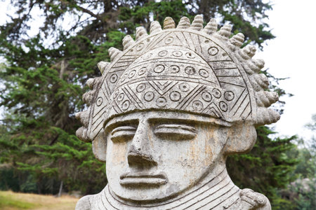 FACATATIVA, COLOMBIA - JANUARY, 2029:  Giant stone reproduction of the anthropomorphic objects elaborated by the Muisca culture in the Piedras del Tunjo Archaeological Park in the municipality of Facatativaのeditorial素材