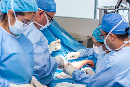 CALI, COLOMBIA - MARCH, 2019: Group of surgeons performing an elbow surgery