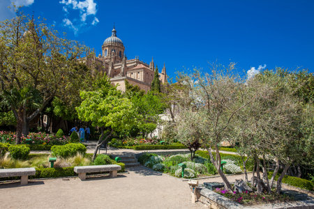 SALAMANCA, SPAIN - MAY, 2018: View of the Huerto de Calisto y Melibea a beautiful garden located in the old town and the Salamanca Cathedralのeditorial素材