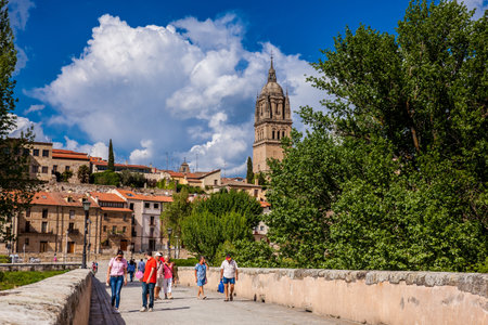 SALAMANCA, SPAIN - MAY, 2018: View of the old city and the Cathedral of Salamanca seen from the historical Roman bridge also known as Puente Mayor del Tormesのeditorial素材