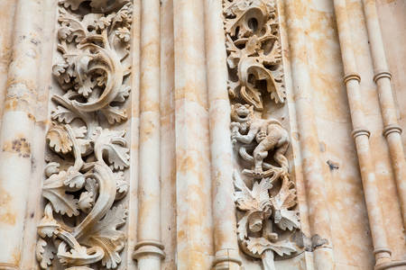 Dragon eating ice cream carved on the facade of the historical Salmanca Cathedralの写真素材