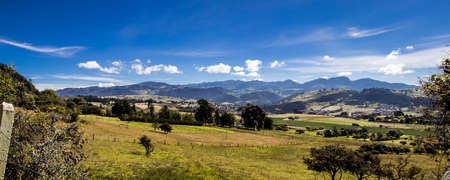 Panoramic view of the beautiful mountains of the municipality of La Calera located on the Eastern Ranges of the Colombian Andesの写真素材
