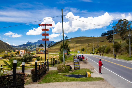 LA CALERA COLOMBIA - OCTOBER, 2020: View of the famous Alto de las Arepas a well known rest place for cyclist on the mountains close to Bogota in Colombiaのeditorial素材