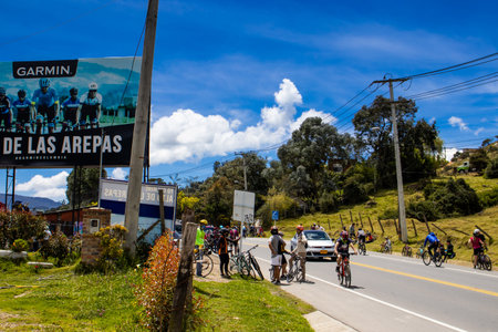 LA CALERA COLOMBIA - OCTOBER, 2020: View of the famous Alto de las Arepas a well known rest place for cyclist on the mountains close to Bogota in Colombiaのeditorial素材