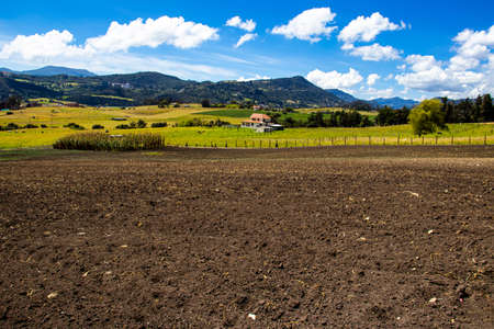 View of the fertile lands and the beautiful mountains of the municipality of La Calera located on the Eastern Ranges of the Colombian Andesの写真素材