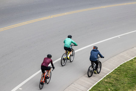 Overhead shot of the amateur cyclists on the road between Bogota and La Calera on the mountains in...