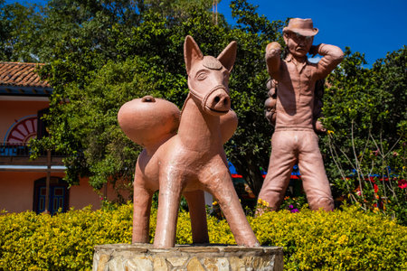 RAQUIRA, COLOMBIA - FEBRUARY 2021. Beautiful clay statues at Raquira city main square.The city of pots, Colombiaのeditorial素材