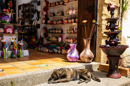RAQUIRA, COLOMBIA - FEBRUARY 2021. Handicraft shop at the beautiful small town of Raquira. The city of pots, Colombiaのeditorial素材