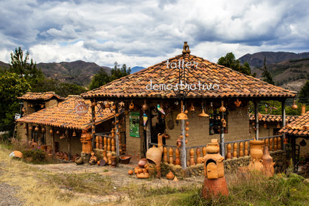 RAQUIRA, COLOMBIA - FEBRUARY 2021. Traditional ceramics factory at the small city of Raquira. The city of pots, Colombiaのeditorial素材